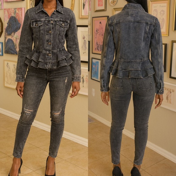 Stoosh Vintage Denim Jacket Ruffle Hem Distressed Gray Wash Women's - Picture 1 of 7